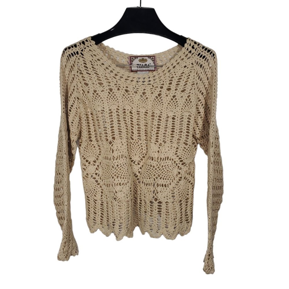 Tiara Crochet Open-Knit Top Beige L/S Granny Coastal Boho Hippie Cottagecore